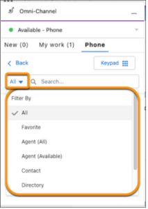 The new filters in the enhanced call transfer experience, introduced during the Salesforce Summer ’22 Release